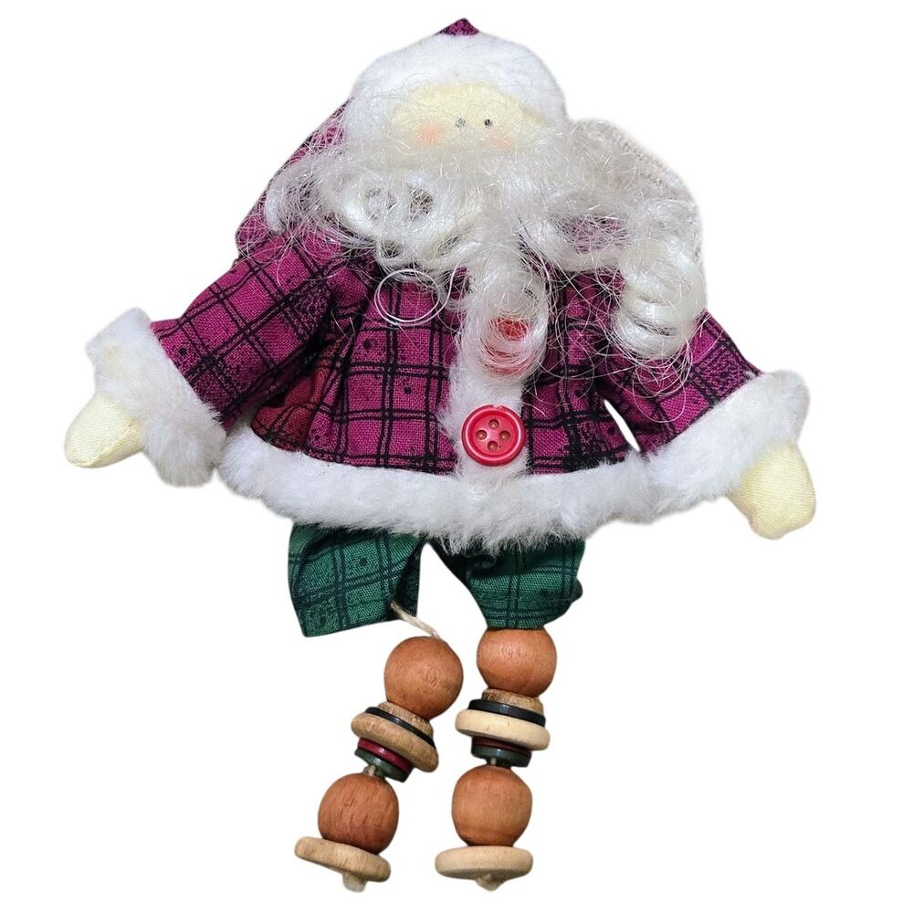 Vintage Santa Ornament or Shelf Sitter featuring Plaid Clothes Bell on Hat 7x2x7